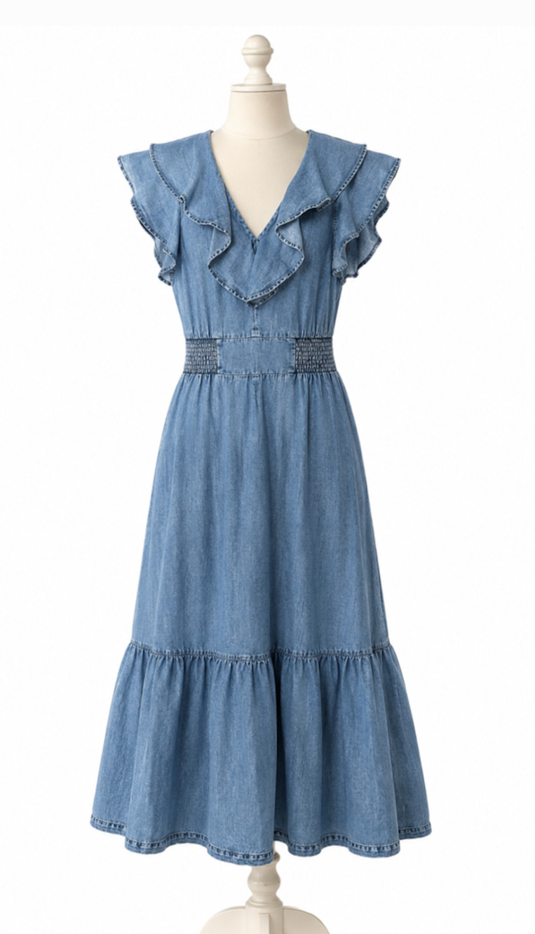 INC International Concepts Indigo Chambray Linen Blend Midi Dress Ruffle NWT 14